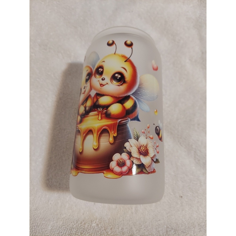 Bee Honey Pot Frosted Glass Tumbler Cup Bamboo‎ Lid Straw and Brush Included